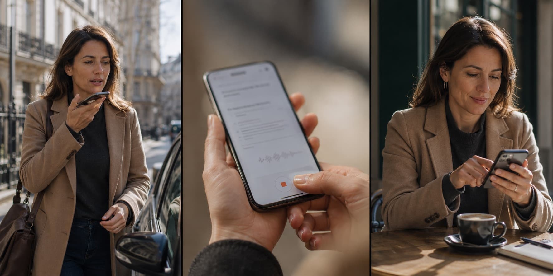 Les trois temps de Calepin : dicter dans la rue, l’enregistrement sur le téléphone, relire et valider au café