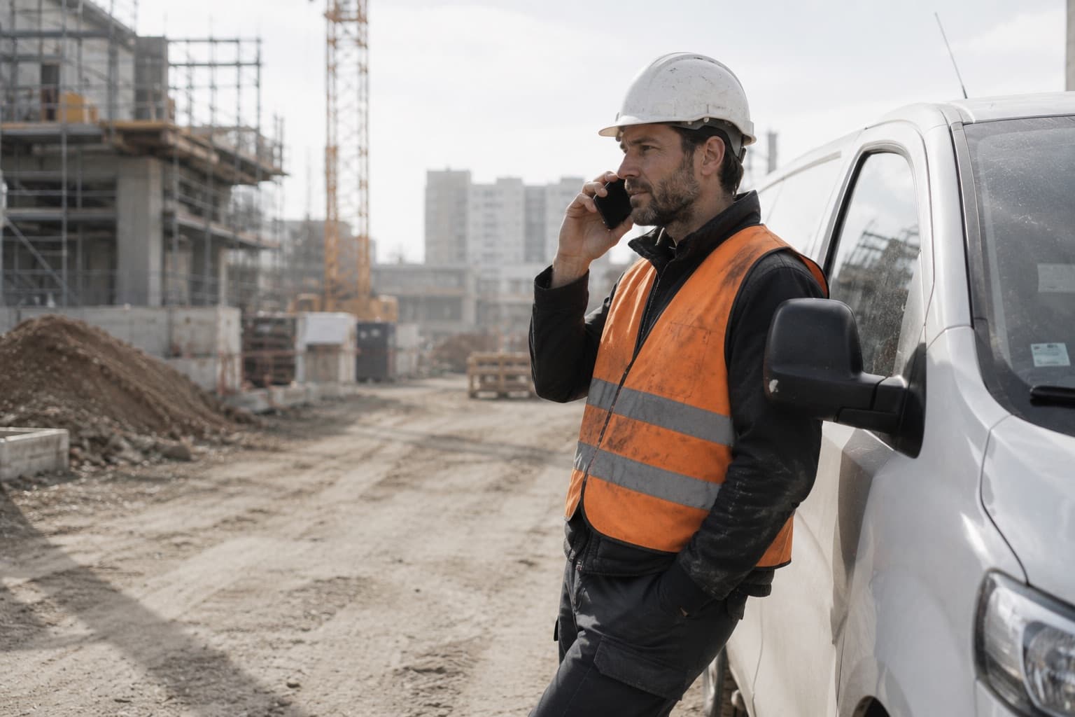 Un conducteur de travaux en gilet orange dicte au téléphone près de son fourgon