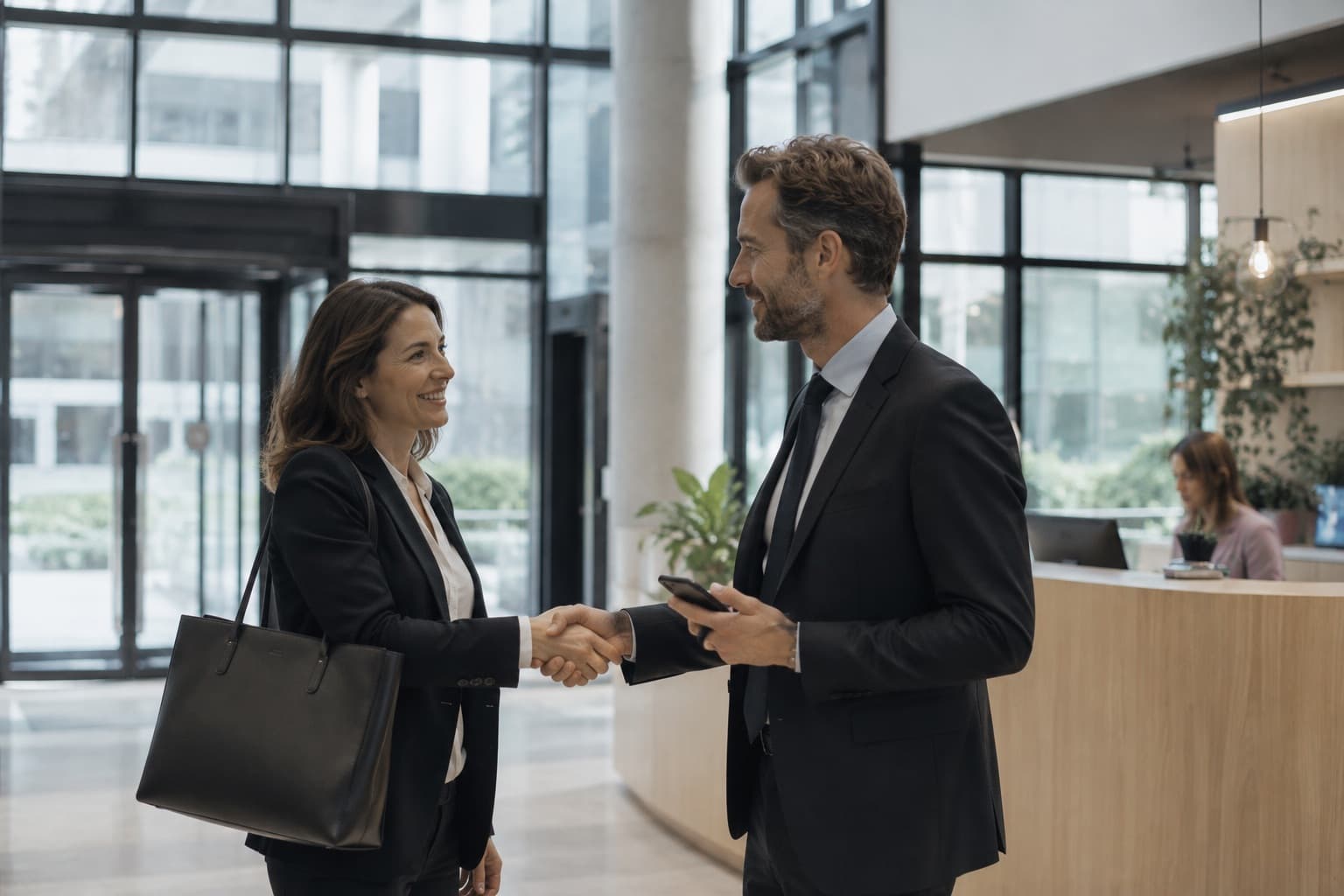 Poignée de main entre deux professionnels dans un hall d’entreprise