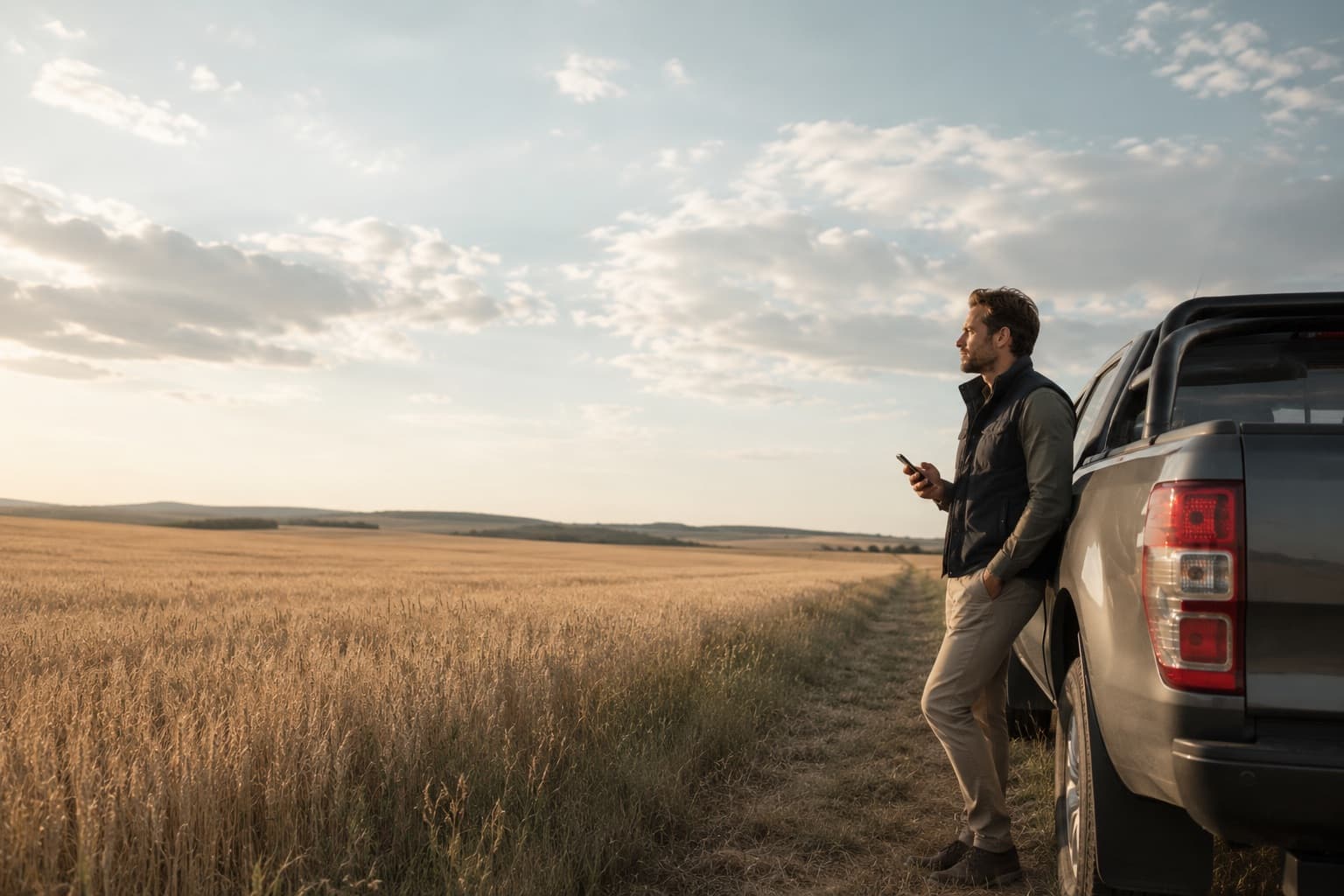 Un commercial terrain appuyé contre son pick-up au bord d’un champ de blé