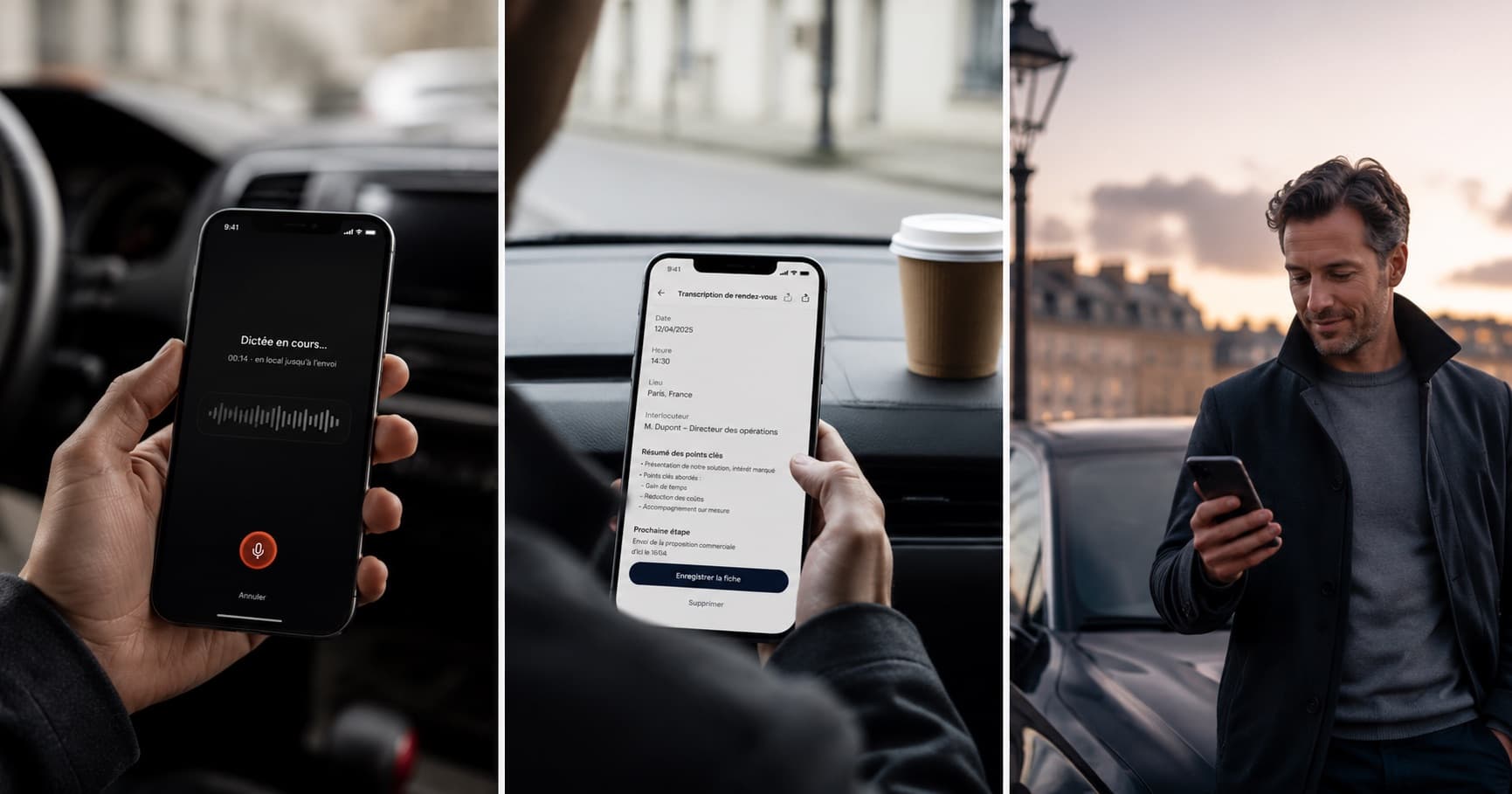 Les trois temps de Calepin : dicter au téléphone, la fiche qui se remplit, valider et repartir