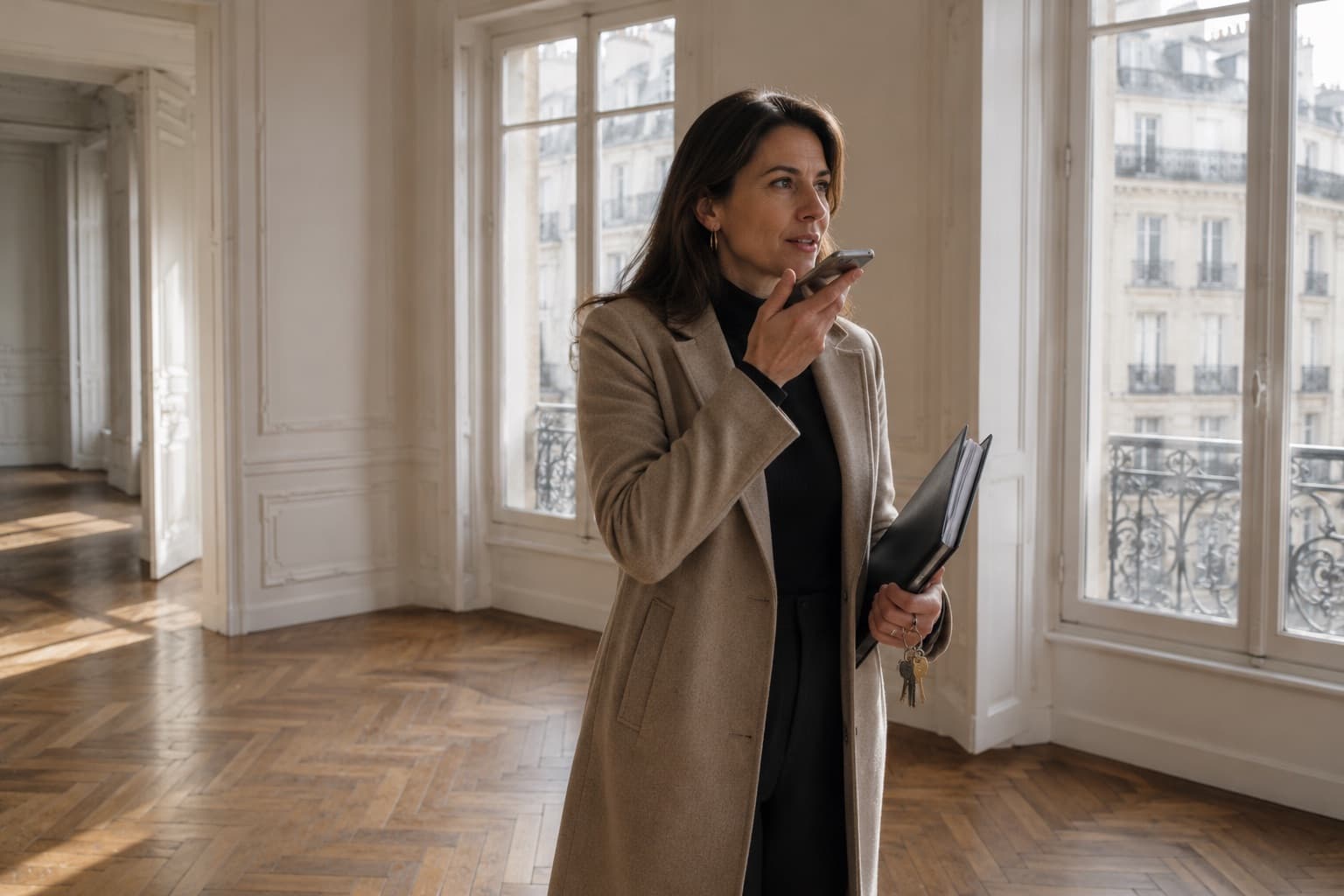Une agente immobilière dicte sa fiche pendant la visite d’un appartement haussmannien vide