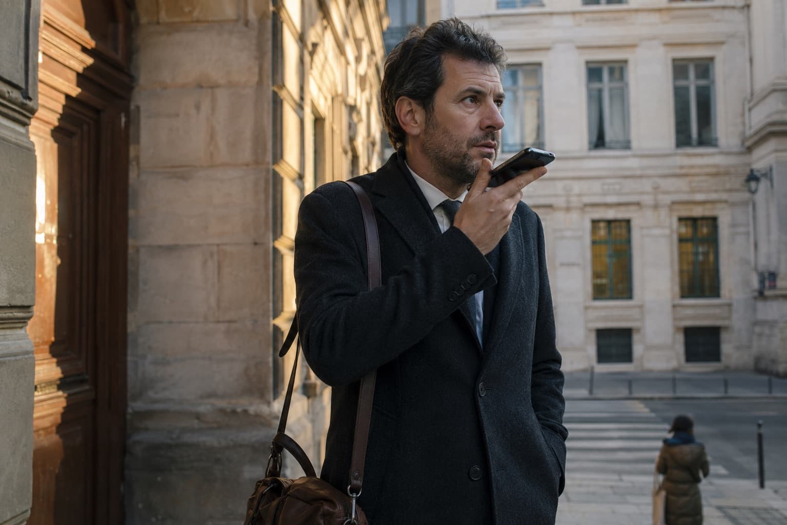Un consultant dicte une note au téléphone en sortant de rendez-vous, dans une rue en pierre