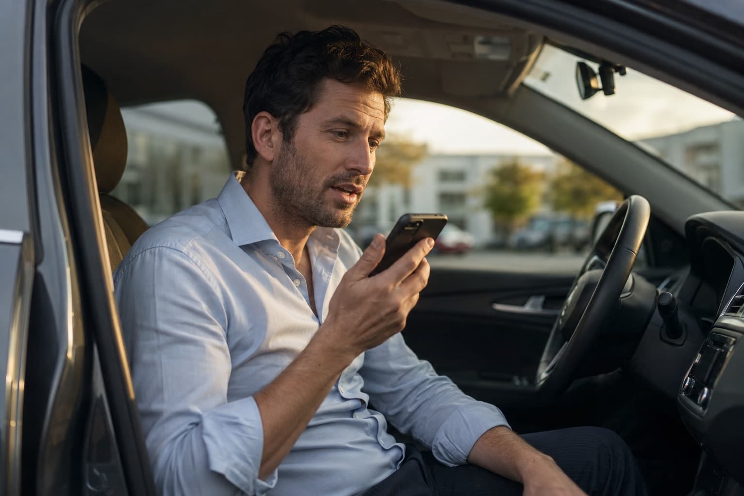 Un commercial dicte son compte-rendu au téléphone, garé après son rendez-vous